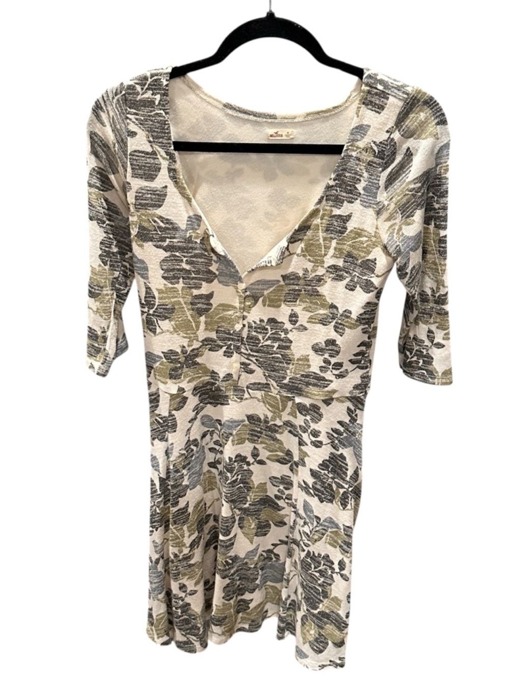 Hollister Cream Floral Long Sleeve Dress with Olive & Gray Print